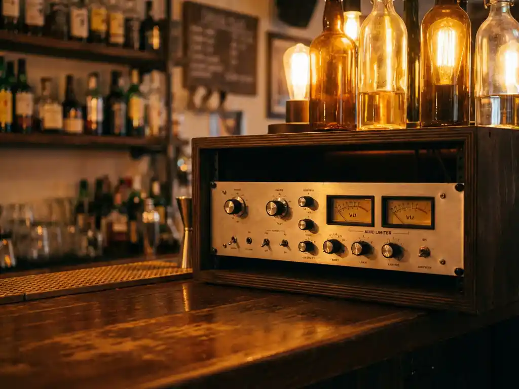 Professionele audio limiter op een houten barkroonbalk in een sfeervol café, warm amberkleurig licht reflecteert op het geborstelde metalen frontpaneel.