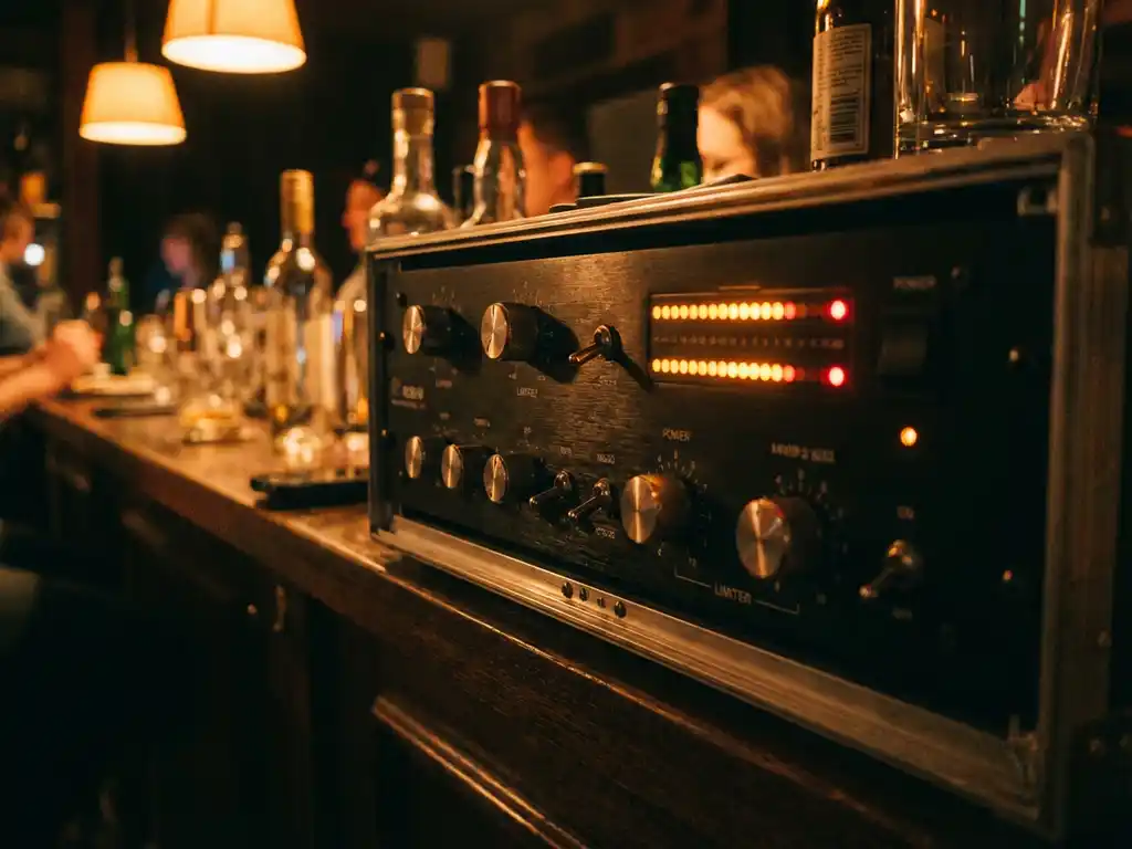 Zwarte audio limiter in rackmontage achter een barruimte, met gloeiende LED-meters en warme amber verlichting.