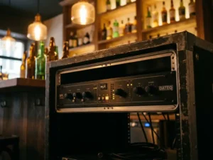 DATEQ SPL limiter in 19-inch rack achter een cafébalie, met wazige flessen en warme hanglampen op de achtergrond.