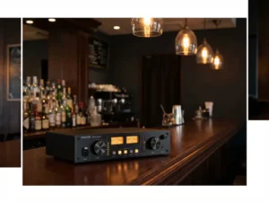 Zwarte audio limiter op een houten bardek in een café, met warme amber hanglampen en flessenrekken op de achtergrond.