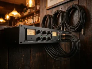 Zwarte audio limiter gemonteerd op houten barwand, met meters en knoppen op de voorpaneel en warme ambere barlichten op de achtergrond.