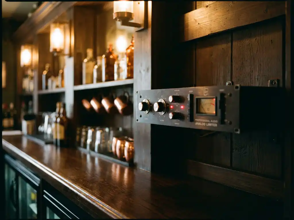 Professionele audio limiter gemonteerd op een muurpaneel in een café, met zacht gloeiende rode indicatielampjes en wazige amberkleurige flessen op de achtergrond.