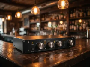 Zwarte audio limiter op een verweerde houten bartafel in een sfeervol café met warme amber hanglampen op de achtergrond.
