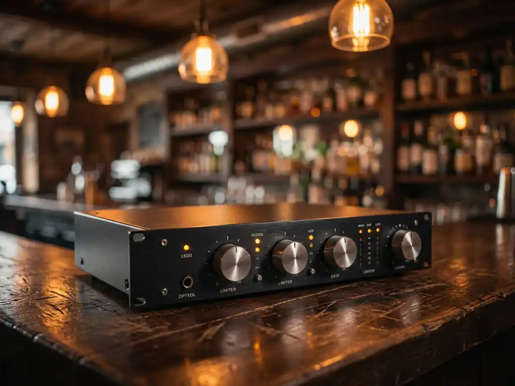 Zwarte audio limiter op een verweerde houten bartafel in een sfeervol café met warme amber hanglampen op de achtergrond.