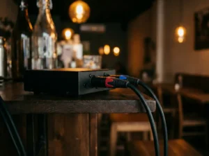 Zwarte audio limiter op houten barplank in café, met kabels aangesloten en warme verlichting op de achtergrond.