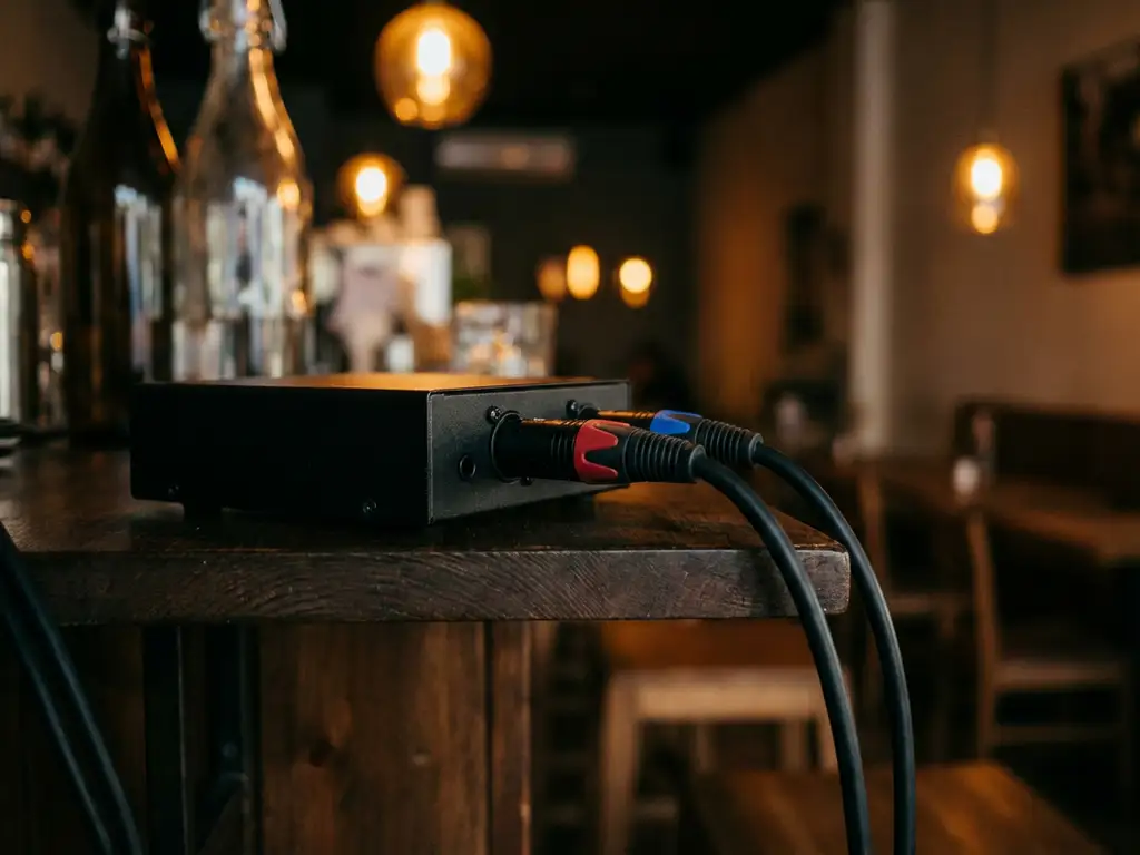 Zwarte audio limiter op houten barplank in café, met kabels aangesloten en warme verlichting op de achtergrond.