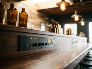 Professionele audio limiter op een houten bardek in een sfeervolle café, met zacht onscherpe flessen en warme omgevingsverlichting op de achtergrond.