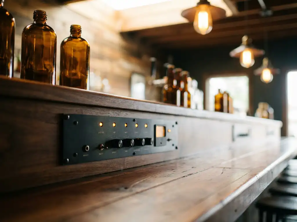 Professionele audio limiter op een houten bardek in een sfeervolle café, met zacht onscherpe flessen en warme omgevingsverlichting op de achtergrond.