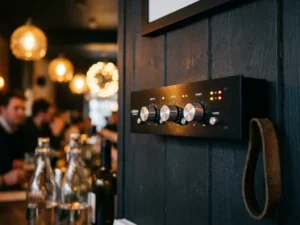 Zwart audiolimiter apparaat gemonteerd op cafémuur, verlicht door warm amber barverlichting met flessen op de achtergrond.