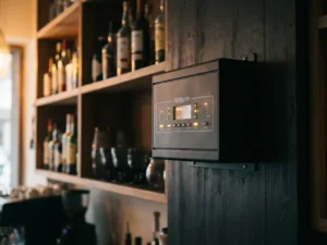 DATEQ SPL geluidsbegrenzer gemonteerd op een muur in een café met warme amberkleurige barverlichting en houten flessenrekken op de achtergrond.