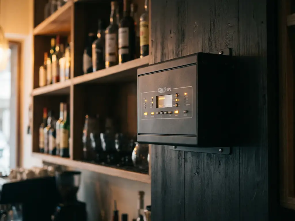 DATEQ SPL geluidsbegrenzer gemonteerd op een muur in een café met warme amberkleurige barverlichting en houten flessenrekken op de achtergrond.