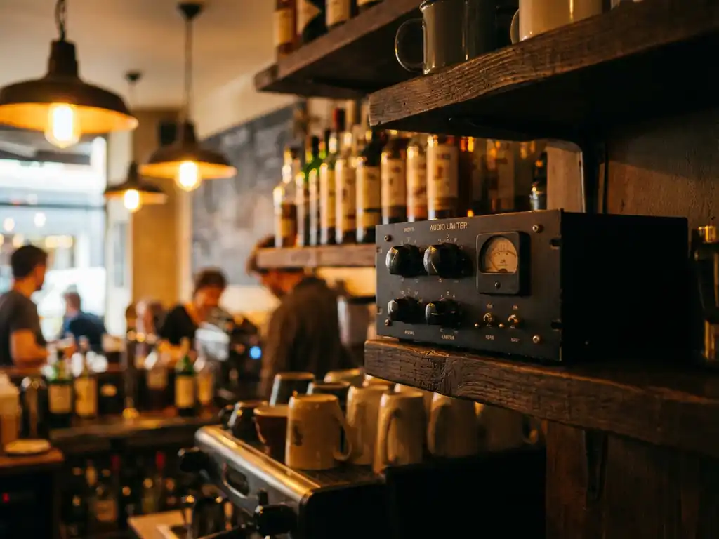 Zwarte SPL-limiter gemonteerd op een houten plank achter een cafébalie, met flessen en glazen op de achtergrond in warm amberkleurig licht.
