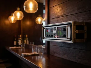 SPL geluidsbegrenzer gemonteerd op donkere houten muur in sfeervolle café met warme amber hanglampen.