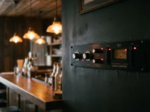 Zwarte geluidsbeperker gemonteerd op een cafémuur, met rode LED-indicatoren en warme amberkleurige verlichting op de achtergrond.