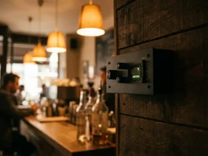 Zwarte SPL-begrenzer gemonteerd op een cafémuur, met groene LED-indicators en warme amberkleurige verlichting op de achtergrond.