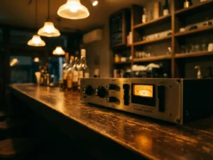 Zwarte audio limiter op een verweerde houten bartafel in een café, met warme amber hanglampen op de achtergrond.