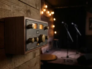 SPL geluidsbegrenzer gemonteerd op houten muur in sfeervolle café, warm amberkleurig licht en podiumverlichting op de achtergrond.