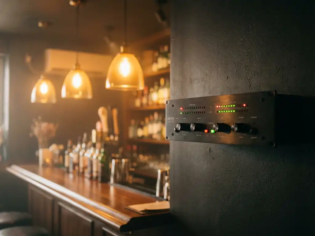 Zwarte geluidsbeperker gemonteerd op een muur in een café, met rode en groene LED-indicatoren en warme amber verlichting op de achtergrond.