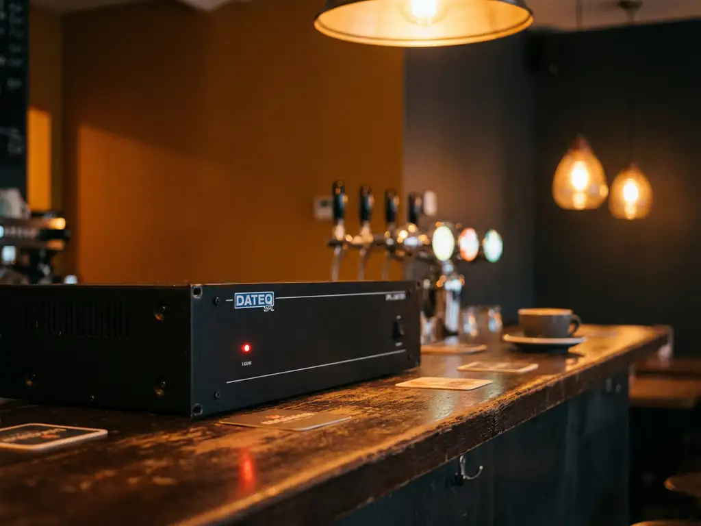 Zwarte DATEQ SPL-limiter op houten bardek in café, met rood LED-lampje en vage biertaps op de achtergrond.
