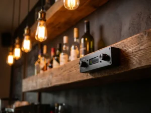 Zwarte geluidsbeperker gemonteerd op een houten barplank in een sfeervol café met warme omgevingsverlichting.