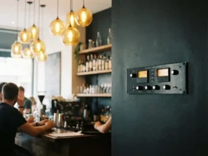 Zwarte audio limiter aan de muur boven een cafébalie, met warme amberkleurige hanglampen en houten toonbank op de achtergrond.