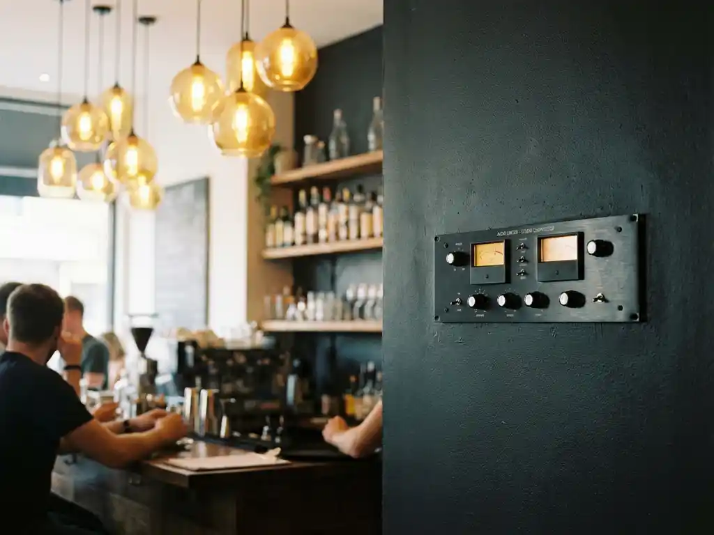 Zwarte audio limiter aan de muur boven een cafébalie, met warme amberkleurige hanglampen en houten toonbank op de achtergrond.