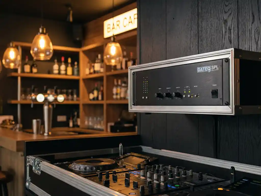 Zwarte DATEQ SPL geluidsbegrenzer gemonteerd boven een DJ-booth in een café met warme amberkleurige barverlichting.