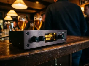 Geluidsregelaar op houten barkroonbalk in sfeervolle Nederlandse kroeg met warme amberkleurige hanglampen en bierglazen op de achtergrond.