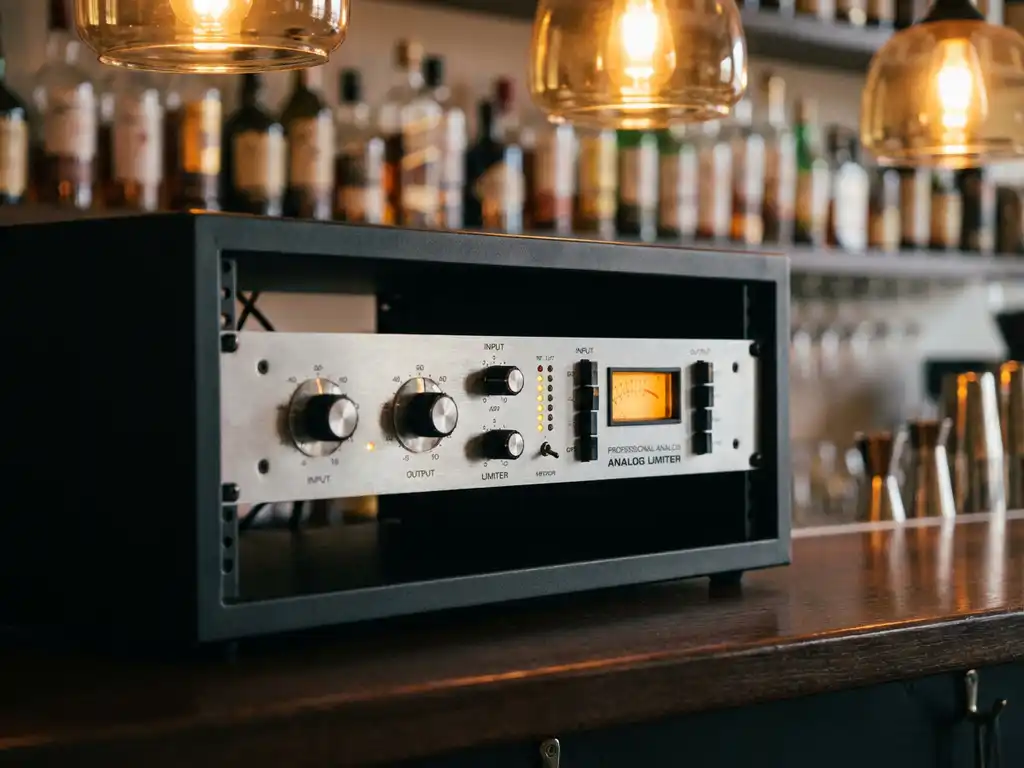 Professionele audio limiter in zwarte rackmount achter een cafébalie, verlicht door warm amberkleurig hanglampen en zachte bokeh van flessen op de achtergrond.