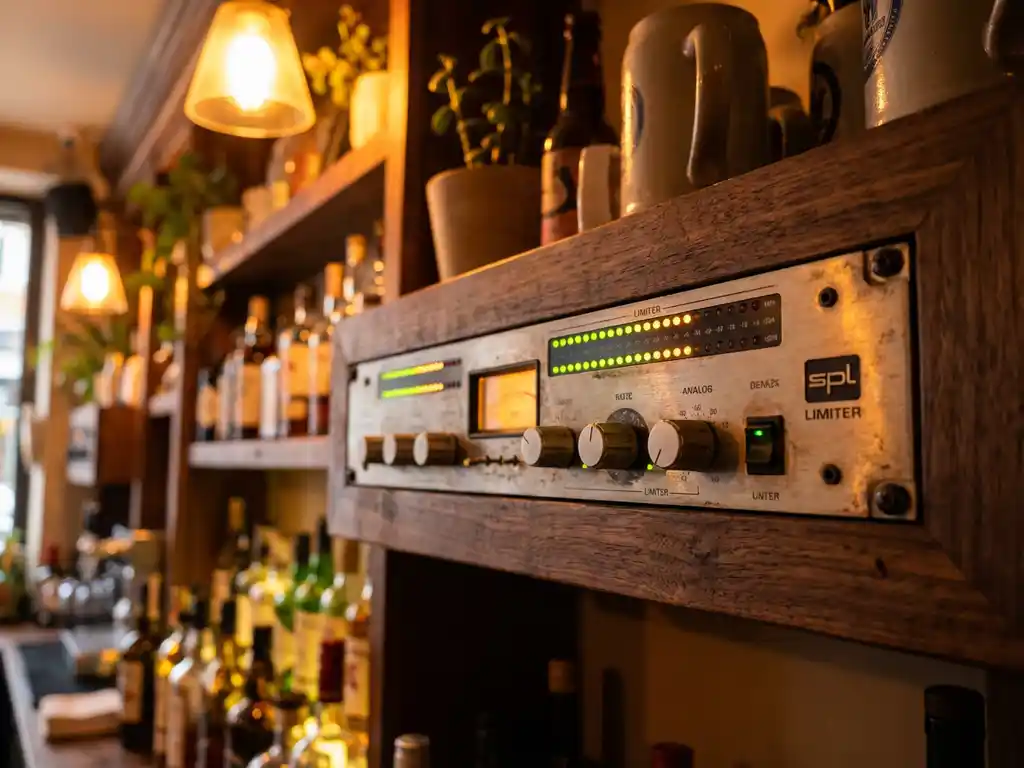 SPL-limiter op een houten plank in een restaurant, omgeven door flessen, met gloeiende amber en groene LED-meters.