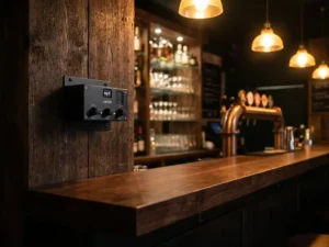 Zwarte SPL-limiter gemonteerd op de muur boven een houten bartoog in een sfeervol café met warme amber verlichting.