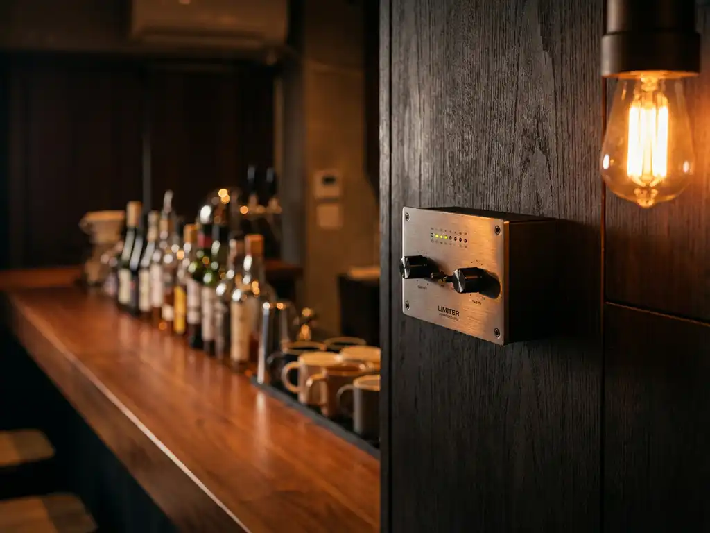 SPL-limiter op de muur van een café met warme amberverlichting, houten bar en wazige flessen op de achtergrond.