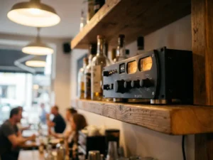 Zwarte SPL limiter gemonteerd op een houten barplank in een café, met flessen en warm omgevingslicht op de achtergrond.