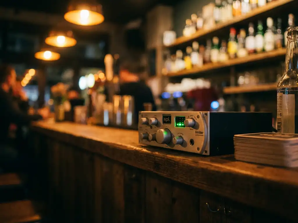 SPL-limiter op houten plankje in een donkere café-omgeving, met zachtjes gloeiende groene LED-indicatoren en warme achtergrondverlichting.