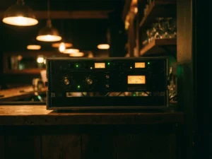SPL limiter in zwart rack met gloeiende VU-meters en LED-indicators, gemonteerd achter een sfeervolle cafébalie.