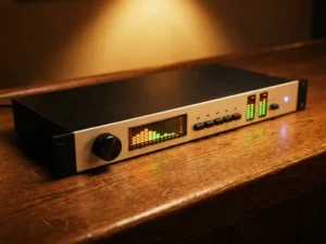 Zwarte 1U rack limiter met beige frontpaneel, grote regelknop, spectrumanalyzer en LED-meters op een versleten eiken bardek in een donkere venue.
