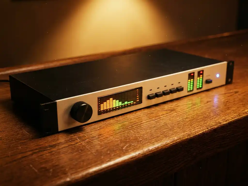 Zwarte 1U rack limiter met beige frontpaneel, grote regelknop, spectrumanalyzer en LED-meters op een versleten eiken bardek in een donkere venue.