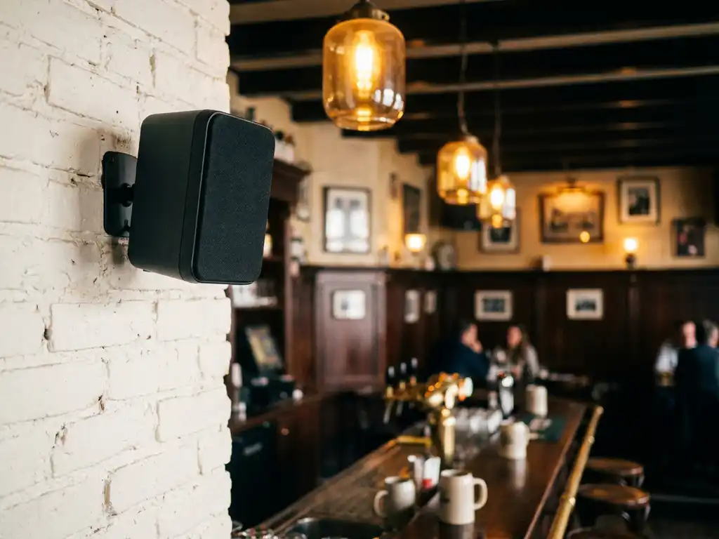Zwarte LYNX passieve speaker gemonteerd op witte bakstenen muur in bruin café, warme amber hanglampen en houten bar op achtergrond.