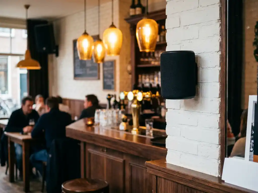 Compacte zwarte draadloze speaker op witte bakstenen muur in een Hollands café met warme amberkleurige verlichting.