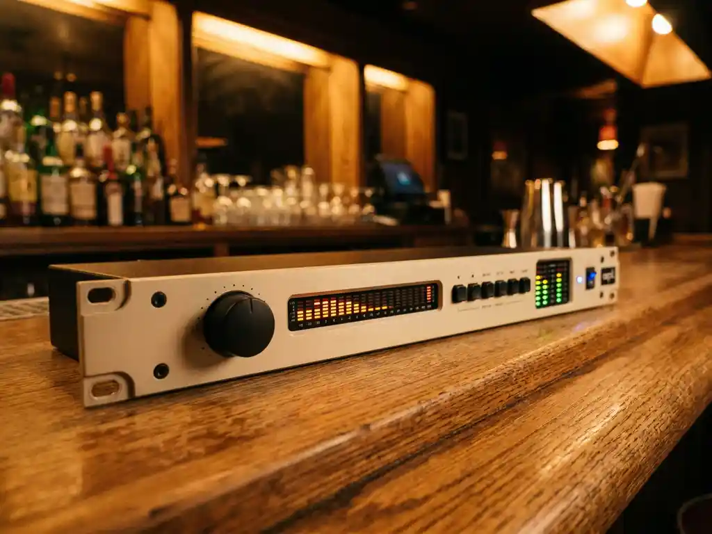 1U rack-mount SPL limiter met beige frontpaneel, grote draaiknop, spectrumanalyzer en LED-meters op een eiken houten bar.