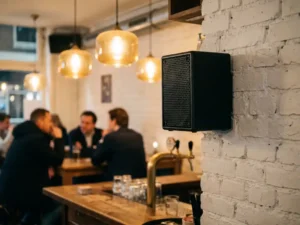 Compacte zwarte luidspreker op witte bakstenen muur in een gezellig Nederlands café met houten bar en warme amber hanglampen.