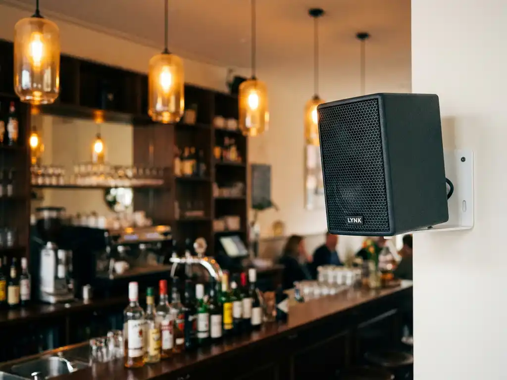 Compacte zwarte LYNX passieve speaker op witte wandbeugel in Nederlands café, houten bartoog en warme sfeerverlichting op de achtergrond.