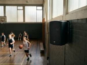 Zwarte LYNX passieve luidspreker op de muur van een Nederlandse schoolgymnastiekzaal, studenten sporten op de achtergrond.