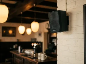 Compacte zwarte LYNX passieve speaker op witte bakstenen muur in een gezellig bruin café met warme amberkleurige verlichting.