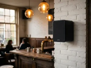 Compacte matte zwarte LYNX passieve speaker gemonteerd op witte bakstenen muur in bruin café met warme amber hanglampen.