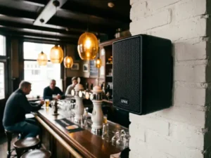 Compacte zwarte LYNX passieve speaker op witte bakstenen muur in een bruin café met warme amber hanglampen boven een houten bar.