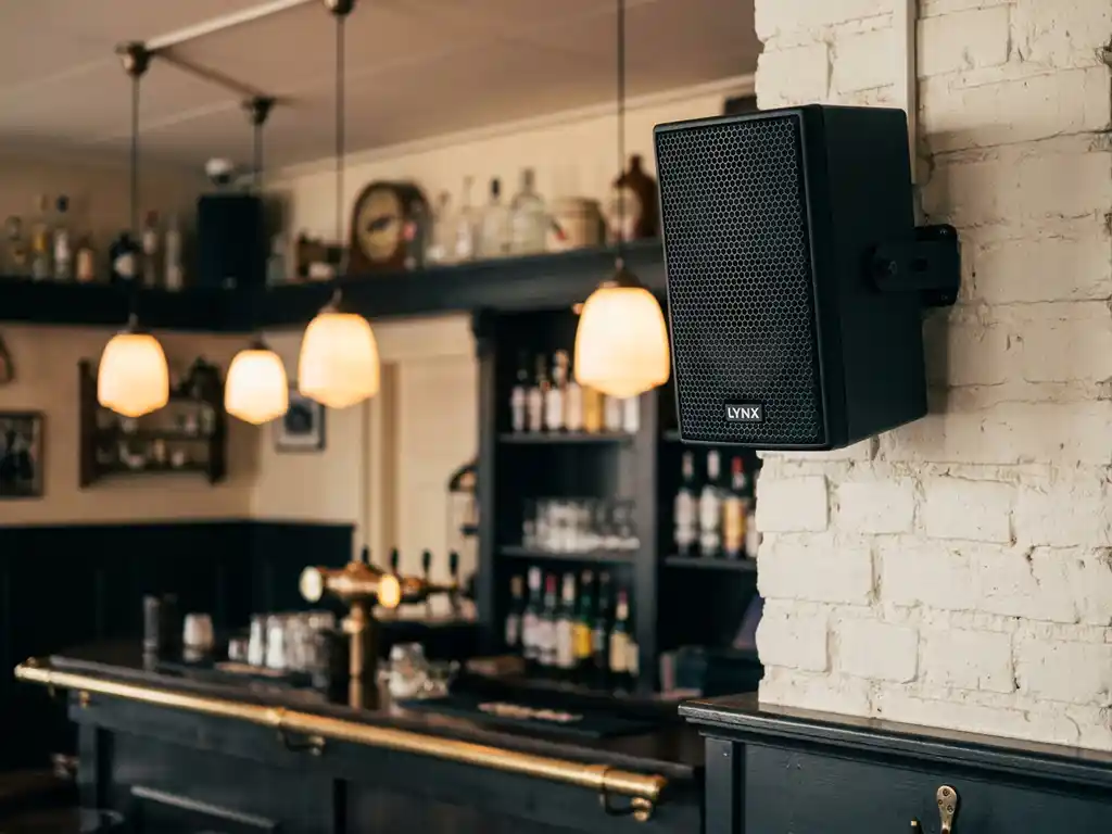 LYNX passieve speaker in mat zwart op witte bakstenen muur in Nederlands café, houten bartafel en warme amber hanglampen op achtergrond.