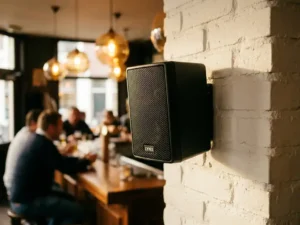 Compacte zwarte LYNX passieve speaker op witte bakstenen muur in Nederlands café met houten bar en amberkleurige hanglampen op de achtergrond.