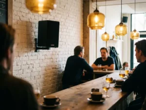 Compacte matte zwarte LYNX passieve speaker op witte bakstenen muur in een sfeervolle Nederlandse café met warme amberkleurige verlichting.