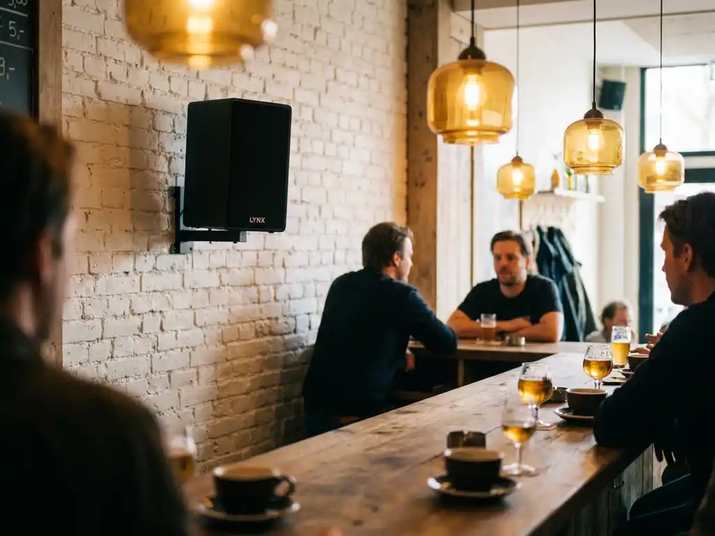 Compacte matte zwarte LYNX passieve speaker op witte bakstenen muur in een sfeervolle Nederlandse café met warme amberkleurige verlichting.